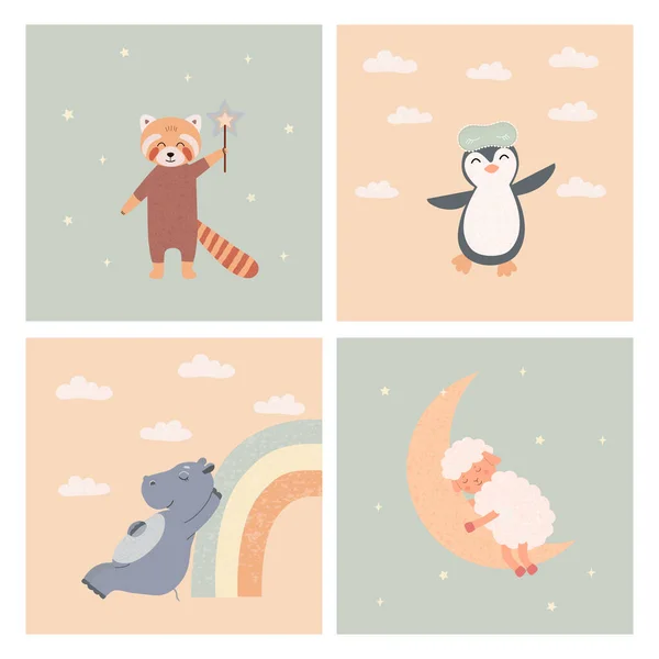 Um conjunto de cartazes para decorar o berçário. Desenhos animados infantis animais bonitos, pinguim, ovelhas, hipopótamo, panda vermelho. Ilustração vetorial. — Vetor de Stock