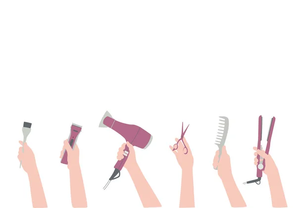 Händerna med en frisör verktyg, hårtork, kam. Bakgrund med hår salong tillbehör med utrymme för text. ram, gräns för skönhetsinformation. — Stock vektor