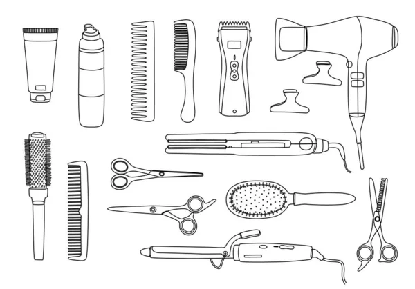 Een set van instrumenten voor kappers, doodle, schets, lijn. Kapsalon accessoires, schaar, haardroger, kammen, clips, krultang, haarclipper.vector voor visitekaartje en logo ontwerp. — Stockvector