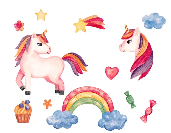 Акварель иллюстрация с единорогом пони, радуга, облако, сердце и конфеты. Комплект для оформления детских садов и детских плакатов. — стоковое фото