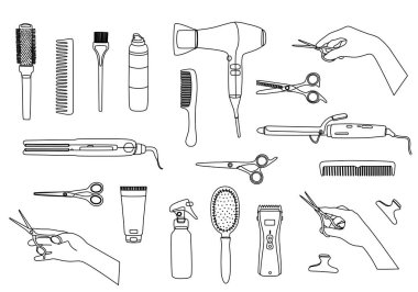 Black outline of hairdressing tools and hands, hair dryer, scissors, curling iron, combs. Hair salon accessories for design, business cards and logos, vector with editable stroke.