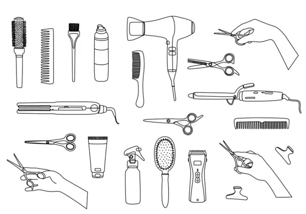 Black outline of hairdressing tools and hands, hair dryer, scissors, curling iron, combs. Hair salon accessories for design, business cards and logos, vector with editable stroke. — Wektor stockowy