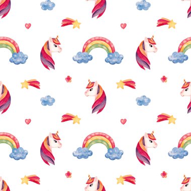 Tekboynuzlu bir midilli ile suluboya desenli. Çocuklar için tekstil ve kreş tasarımı