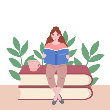 Genç bir kadınla bacak bacak bacak üstüne atarak okuma fikri. Elinde kitap, elinde yapraklar ve etrafında bir kupa olan bir kadın. Düz vektör illüstrasyonu