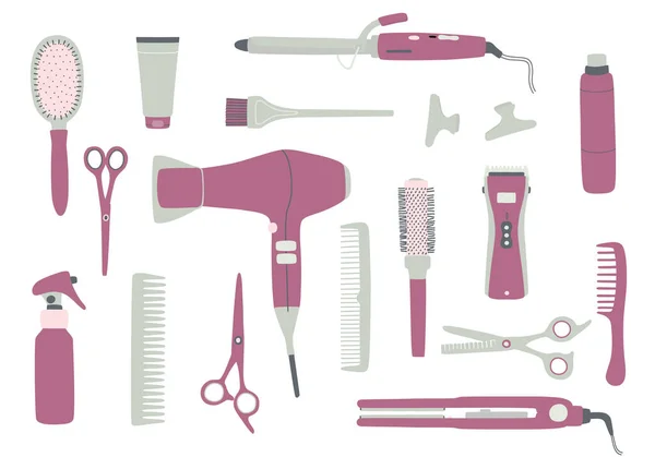 Un ensemble d'outils pour coiffeurs. Accessoires pour salon de coiffure et salon de coiffure, ciseaux, sèche-cheveux, peignes, clips, fers à friser, tondeuse à cheveux. Vecteur plat. — Image vectorielle