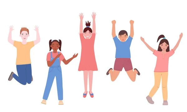 En uppsättning glada glada barn som har roligt, hoppar, dansar. Pojkar och flickor i olika hudfärger skrattar. Platt vektor illustration isolerad på en vit bakgrund. — Stock vektor