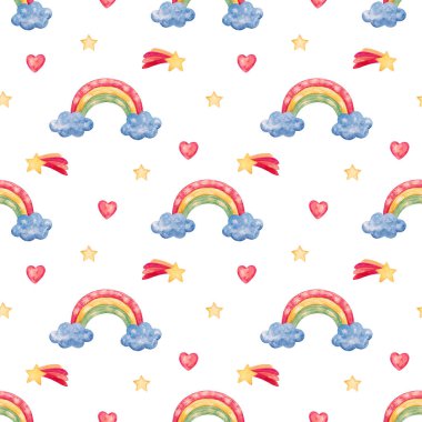 Sihirli gökkuşağı, bulutlar ve yıldızların beyaz arkaplanda olduğu kusursuz bir suluboya deseni. Çocuk tekstil ve kreş tasarımı için resim.
