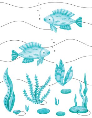 Balık ve yosunlu suluboya poster. Tek renkli karalama çizgileriyle sualtı dünyasının bir görüntüsü. Çocuk odası ve dekor için çizim.