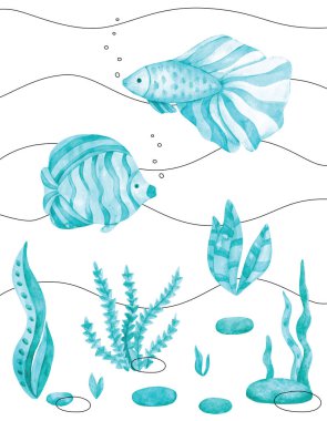 Balık ve yosunlu suluboya poster. Tek renkli karalama çizgileriyle sualtı dünyasının bir görüntüsü. Çocuk odası ve dekor için çizim.