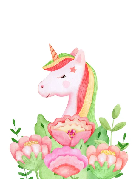 Una imagen de acuarela dibujada a mano de un lindo unicornio rodeado de flores. La cabeza de un animal sobre un fondo blanco. Plantilla para un póster y una tarjeta de felicitación. —  Fotos de Stock