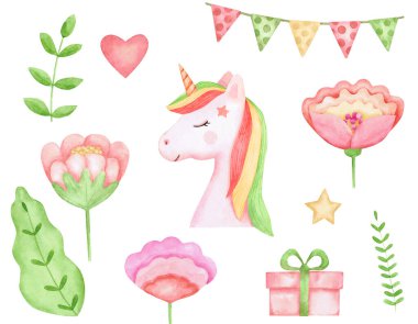 Tekboynuzlu bir suluboya seti, çiçekler, dallar, bir hediye ve bir çelenk. Çocukların tebrik kartları, posterler ve tekstil tasarımları için klip sanatı.