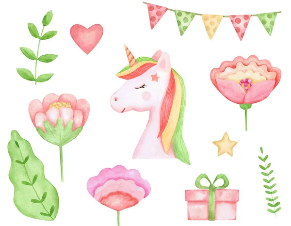 Una acuarela con unicornio, flores, ramitas, un regalo y una guirnalda. Clip art para el diseño de tarjetas de felicitación para niños, carteles y textiles. —  Fotos de Stock