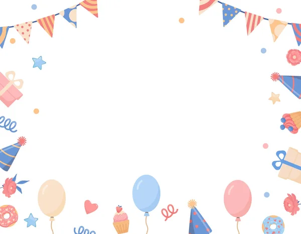 Arrière-plan avec ballons, guirlandes, gâteaux — Image vectorielle