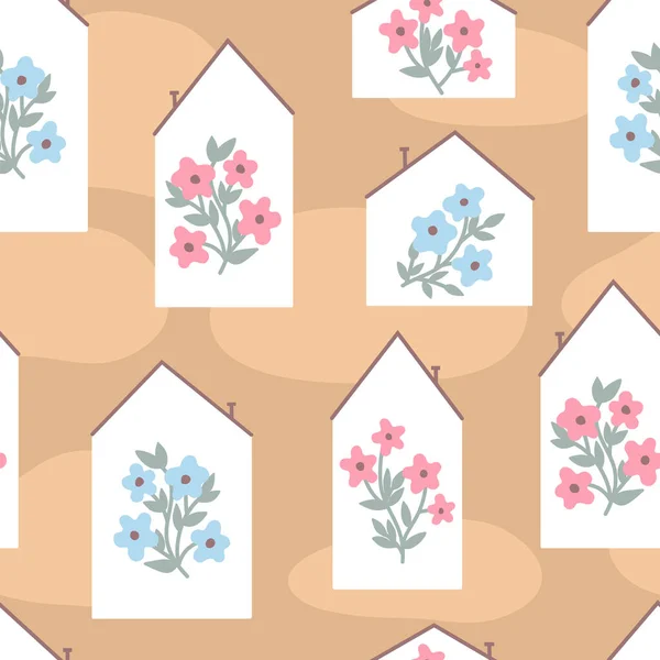 Patrón sin costuras con lindas casas y flores — Vector de stock