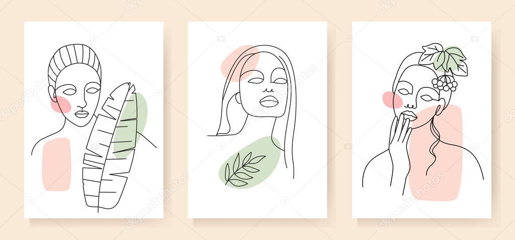 A set of various abstract faces and shapes with leaves, berries. Portrait of a woman in a fashionable minimalism style, contour with a black line. Vector for a poster, cover, flyer or wall decor.