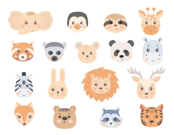 Un conjunto de caras de animales lindos en colores beige rojo — Vector de stock