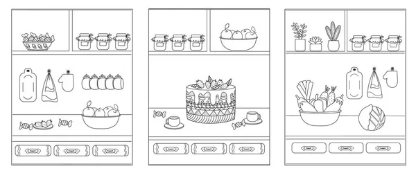 Un conjunto de páginas para colorear para niños con una cocina — Vector de stock