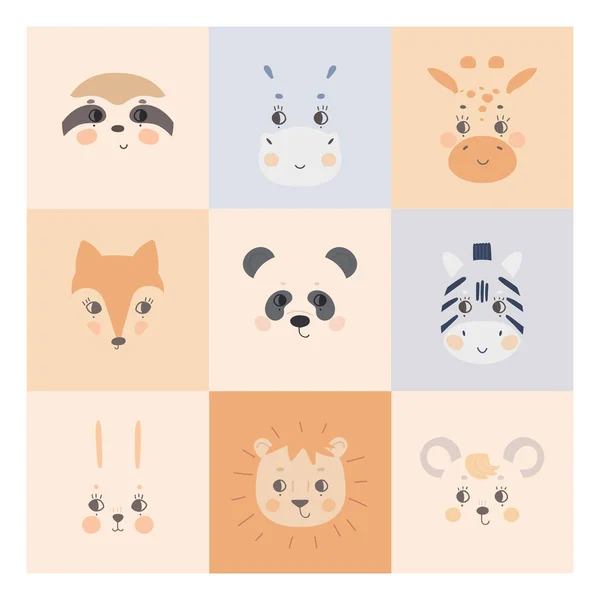 Visages d'animaux simples et mignons sur des fonds colorés — Image vectorielle