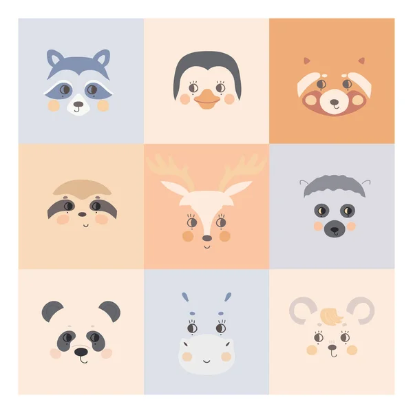Lindas caras de animales simples en fondos coloridos. Retrato de un divertido panda rojo de dibujos animados, perezoso, hipopótamo, ratón, ciervo, mapache. Vector para ropa de bebé, guardería, carteles para niños — Vector de stock