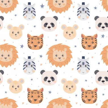 Sevimli hayvan yüzlü kusursuz bir desen. Beyaz arka planda aslan, kaplan, zebra, fare ve panda ağızlığı. Tekstil ve poster tasarımı için vektör, çocuk kıyafetleri
