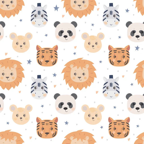 Sevimli hayvan yüzlü kusursuz bir desen. Beyaz arka planda aslan, kaplan, zebra, fare ve panda ağızlığı. Tekstil ve poster tasarımı için vektör, çocuk kıyafetleri
