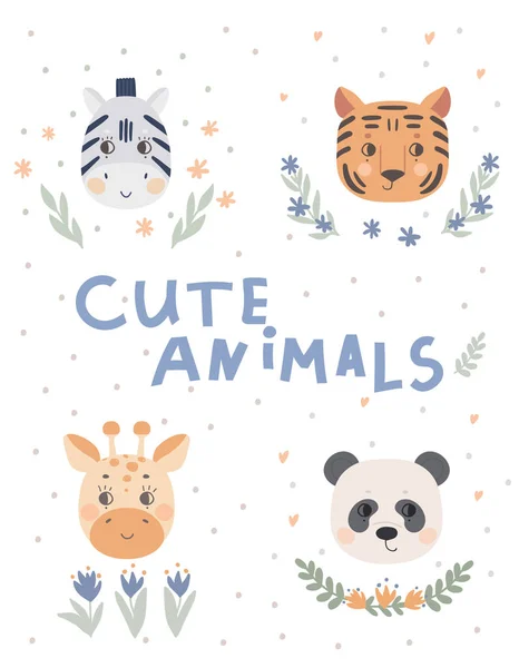 Cartel con caras de animales lindos, panda, cebra, tigre, jirafa. Ilustración vectorial para diseño infantil. — Archivo Imágenes Vectoriales
