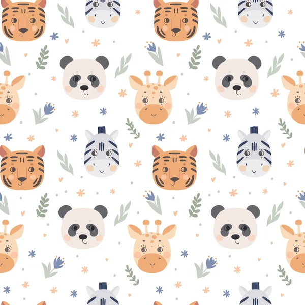 Sevimli hayvan yüzlü kusursuz bir desen. Beyaz arka planda kaplan, zebra, zürafa ve panda ağızlığı. Tekstil ve poster tasarımı için vektör, çocuk kıyafetleri.