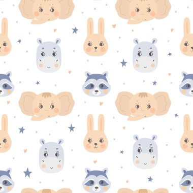 Sevimli hayvan yüzlü kusursuz bir desen. Beyaz arka planda fil, rakun, su aygırı, tavşan ağızlığı. Tekstil ve poster tasarımı için vektör, çocuk kıyafetleri
