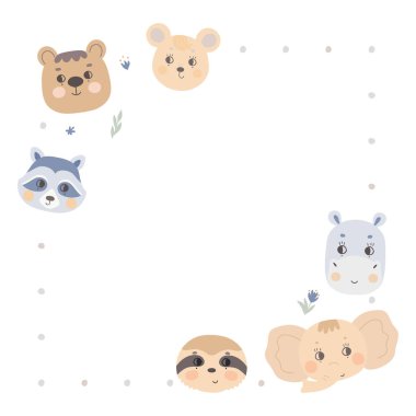 Hayvan yüzlü çerçeve, ayı, fare, rakun, fil, su aygırı ve tembel hayvan. Metin tasarım şablonu, kopyalama alanı