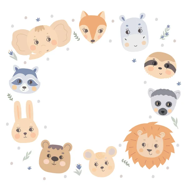 Marco redondo con caras de animales, lémur, ratón, oso, león, hipopótamo, elefante, zorro y mapache. Plantilla de diseño para texto, espacio de copia. — Vector de stock