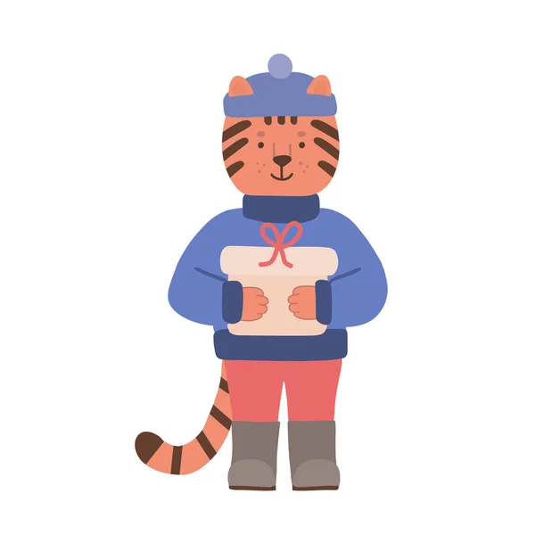 Mignon Petit Petit Tigre Dans Pull Tient Tient Cadeau Personnage — Image vectorielle