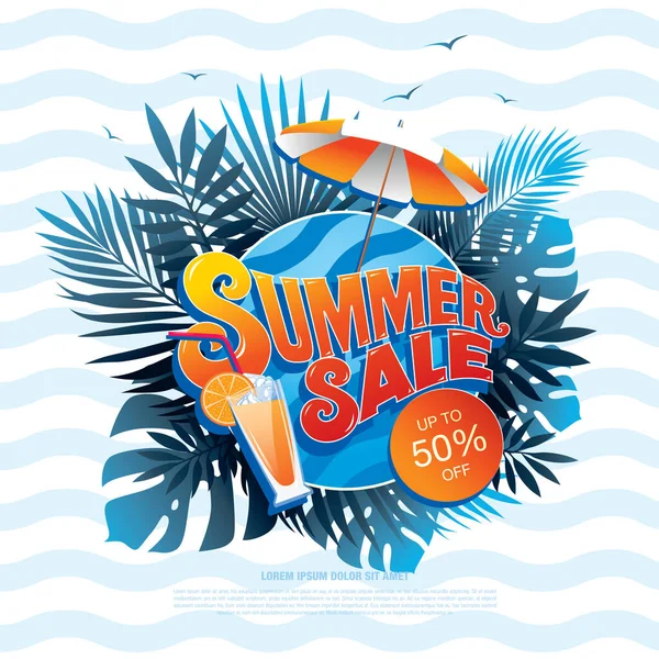 Summer Sale Banner Tropical Palm Leaves Vector Background — Stock Vector