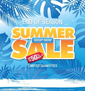 Palmiye yaprakları ve tropikal bitkilerle birlikte yaz indirimi afişi. vektör illüstrasyonu 