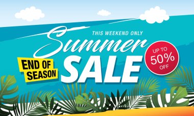 Mavi gökyüzü ve deniz sahili arkaplanlı yaz indirimi afişi 