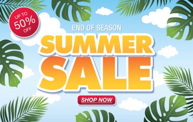 Mavi gökyüzü ve deniz sahili arkaplanlı yaz indirimi afişi 