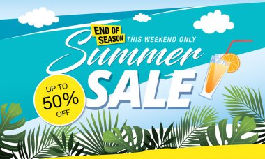 Mavi gökyüzü ve deniz sahili arkaplanlı yaz indirimi afişi 