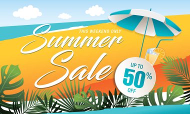 Mavi gökyüzü ve deniz sahili arkaplanlı yaz indirimi afişi 