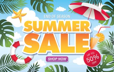 Mavi gökyüzü ve deniz sahili arkaplanlı yaz indirimi afişi 