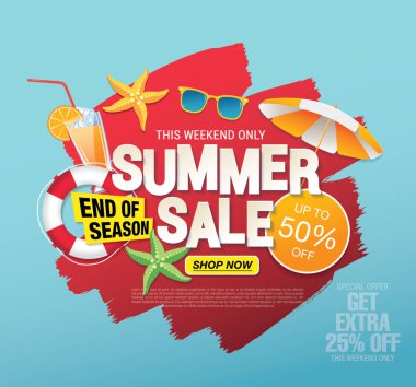 Mavi gökyüzü ve deniz sahili arkaplanlı yaz indirimi afişi 