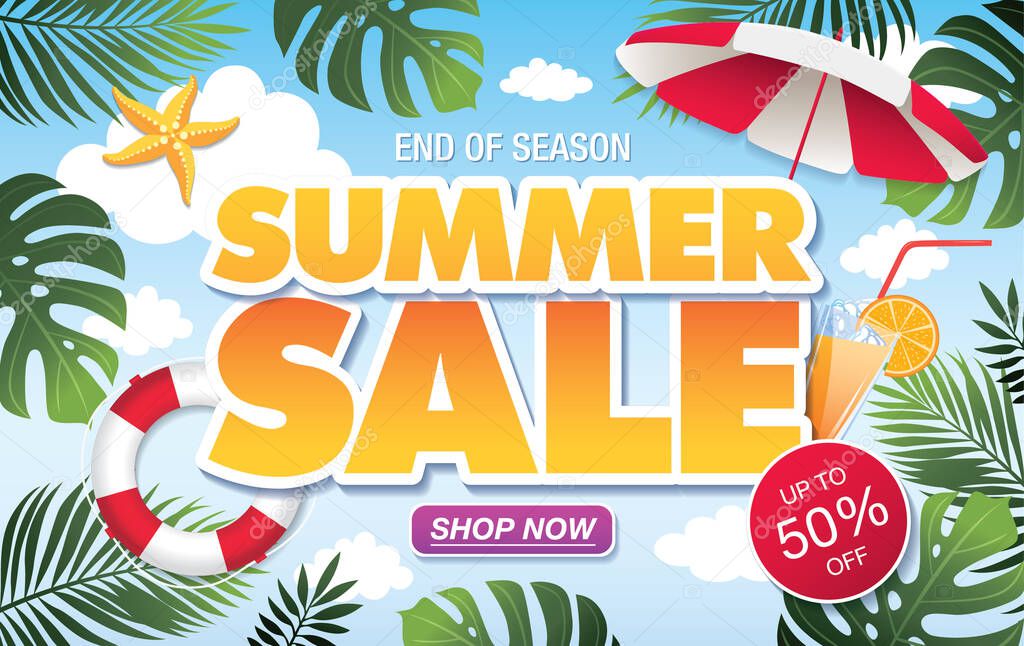 summer sale banner with blue sky and sea beach background 