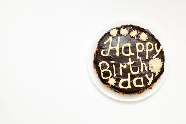 Tarta de cumpleaños con glaseado de chocolate y letras —  Fotos de Stock