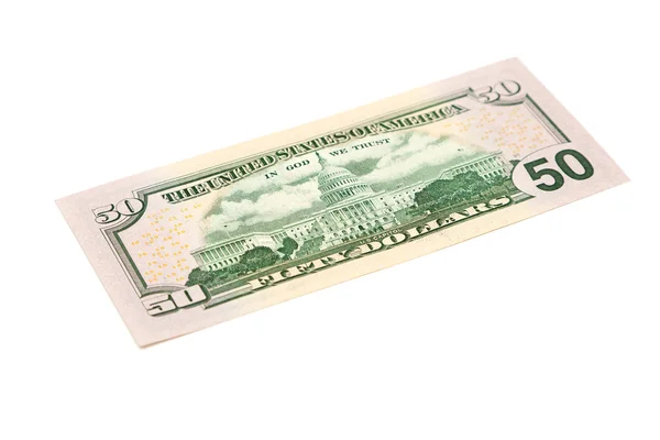 孤立在白色背景上的五十美元钞票的背面 — 图库照片