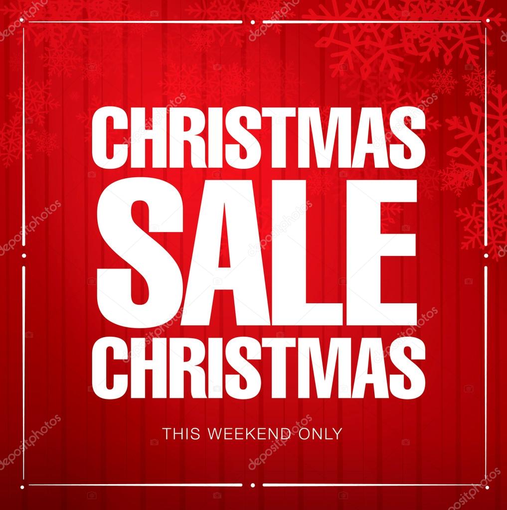 Christmas sale  Vector lettering over red background with snowflakes.