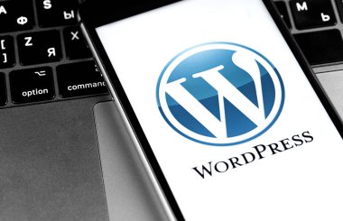 Ekran akıllı telefonundaki WordPress logosu. WordPress - açık kaynak içerik yönetim sistemi. Moskova, Rusya - 24 Mart 2020