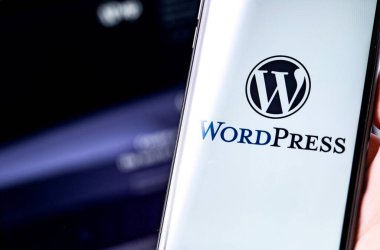Akıllı telefon ve defter arkaplanındaki WordPress logosu. WordPress - açık kaynak içerik yönetim sistemi. Moskova, Rusya - 24 Haziran 2020