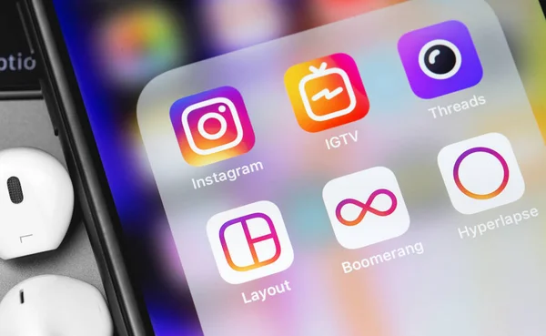 Сервисы Instagram Igtv Threads Fabout Boomerang Hyperlapse Приложения Экране Смартфона — стоковое фото