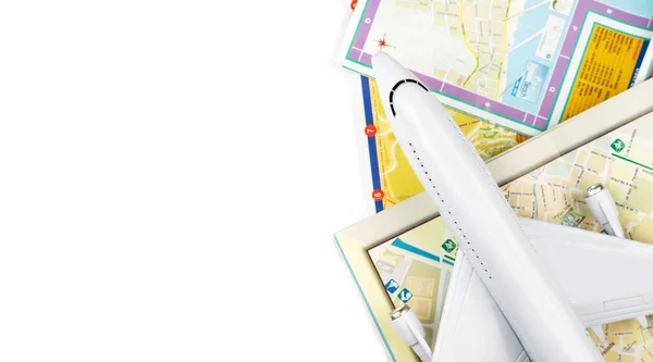 Tourist Travel Concept Closeup Aircraft Toy Maps Top View — Stock Photo, Image