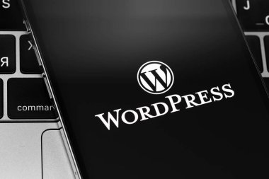 Ekran akıllı telefonundaki WordPress uygulaması logosu. WordPress - açık kaynak içerik yönetim sistemi. Moskova, Rusya - 3 Aralık 2020