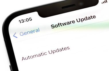 iPhone interface and software new update iOS selection on the screen. Apple is a multinational technology company. Moscow, Russia - January 28, 2021