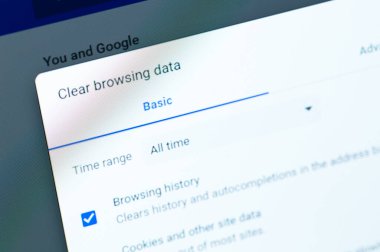 laptop with Google Chrome browser remove history, cookies, other browsing data. Google Chrome is a browser developed by Google. Moscow, Russia - January 12, 2021
